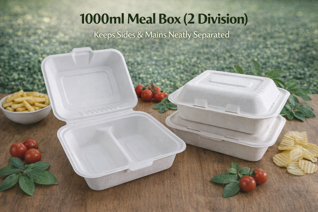 EcoServe™ Biodegradable Packaging1000 ml Meal Box (with 2 Division) | 250 in a Box