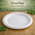 23cm biodegradable bagasse plate front view," "stack of white eco-friendly plates
