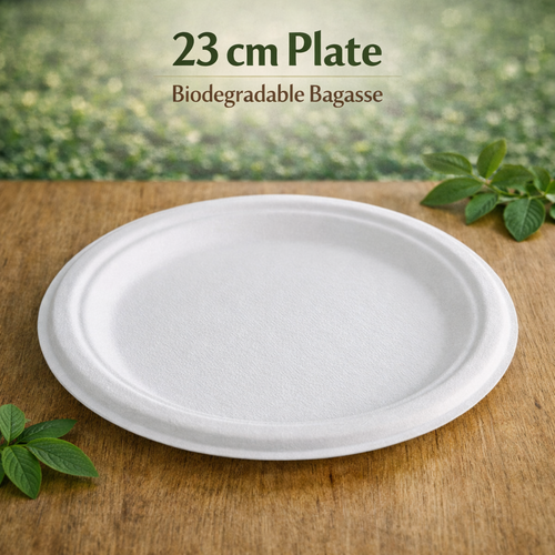 23cm biodegradable bagasse plate front view," "stack of white eco-friendly plates