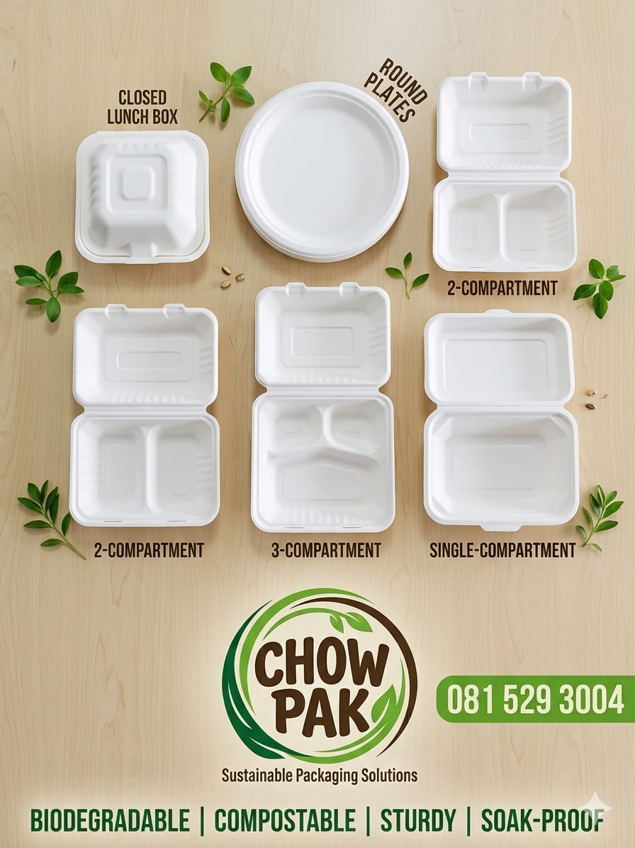 Collection of various white food containers with labels on a beige background, featuring the brand 'Chow Pak'.