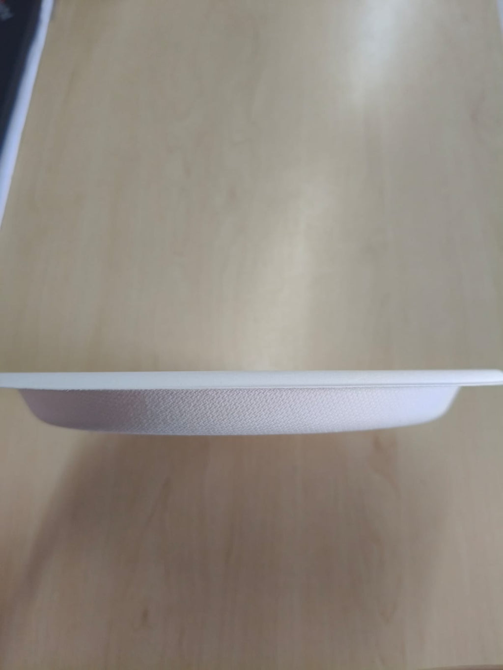 Close-up of a white 23cm plate.23cm biodegradable bagasse plate front view," "stack of white eco-friendly plates